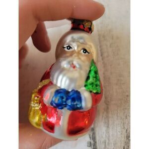 Santa toy sack pine tree blown glass ornament Xmas